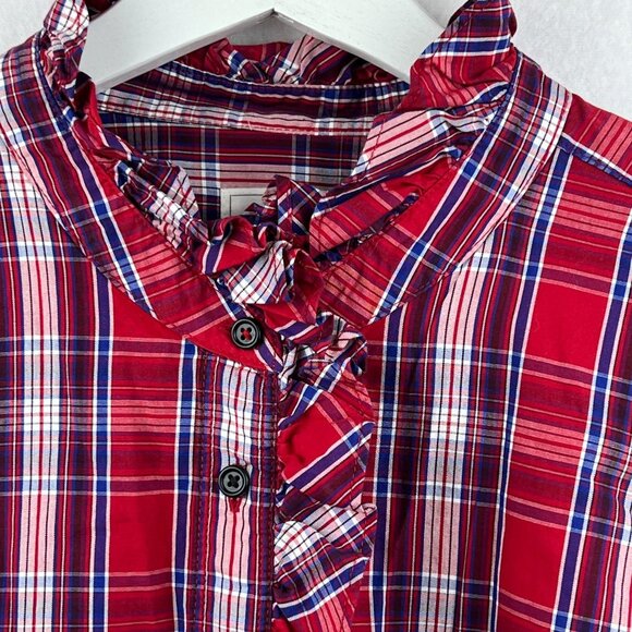 Gap Womens Red Check The Fitted Boyfriend Shirt Size XL Button Front Ruffle Neck - Picture 4 of 14